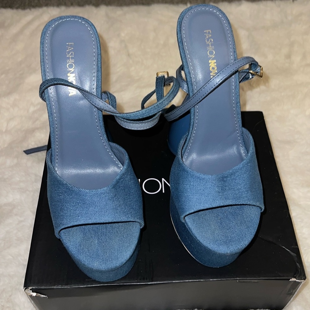 Fashion Nova Denim Blue Platform Slingback Sandals